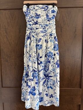 NWT Chelsea 28 Strapless Linen Blend Blue and White Floral Dress